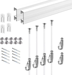 Picture Hanging System Click Rail Kits,in one Set Included Two of White Rails 59", Four of Nylon Cables, six of Hooks, Four of end caps, and Installation Hardware
