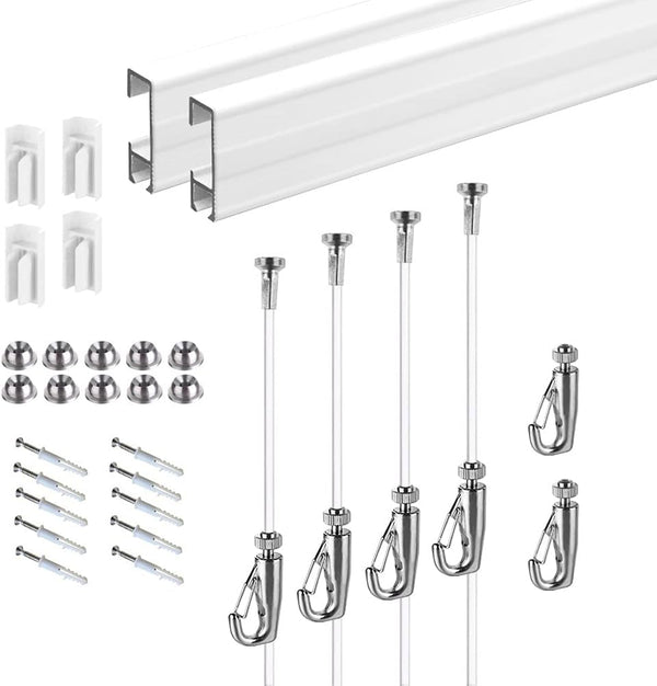 Picture Hanging System Click Rail Kits,in one Set Included Two of White Rails 59", Four of Nylon Cables, six of Hooks, Four of end caps, and Installation Hardware