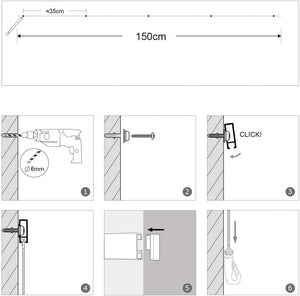 Picture Hanging System Click Rail Kits,in one Set Included Two of White Rails 59", Four of Steel Cables, six of Hooks, Four of end caps, and Installation Hardware