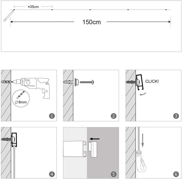 Picture Hanging System Click Rail Kits,in one Set Included Two of White Rails 59", Four of Steel Cables, six of Hooks, Four of end caps, and Installation Hardware
