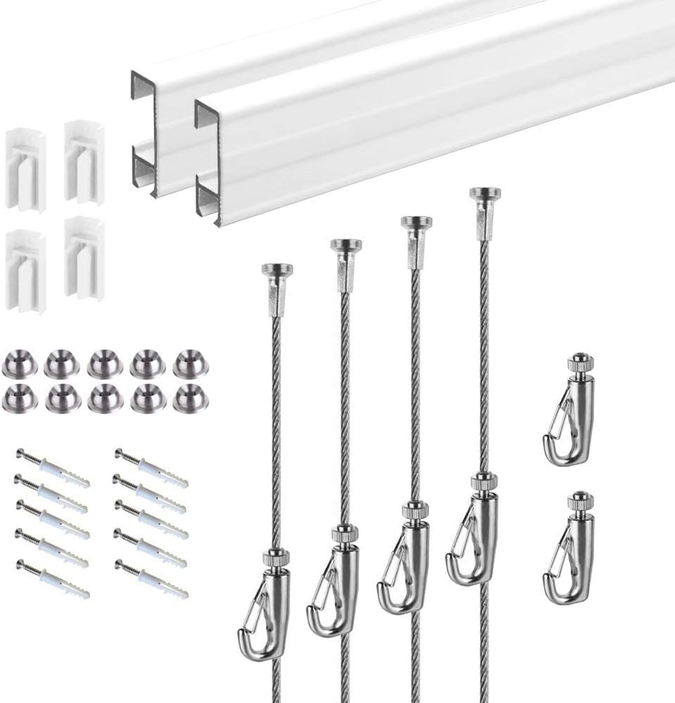 Picture Hanging System Click Rail Kits,in one Set Included Two of White Rails 59", Four of Steel Cables, six of Hooks, Four of end caps, and Installation Hardware