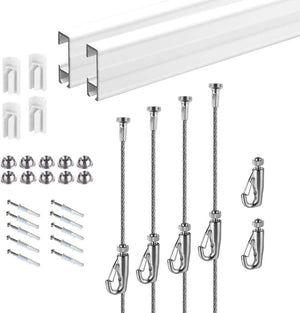 Picture Hanging System Click Rail Kits,in one Set Included Two of White Rails 59", Four of Steel Cables, six of Hooks, Four of end caps, and Installation Hardware