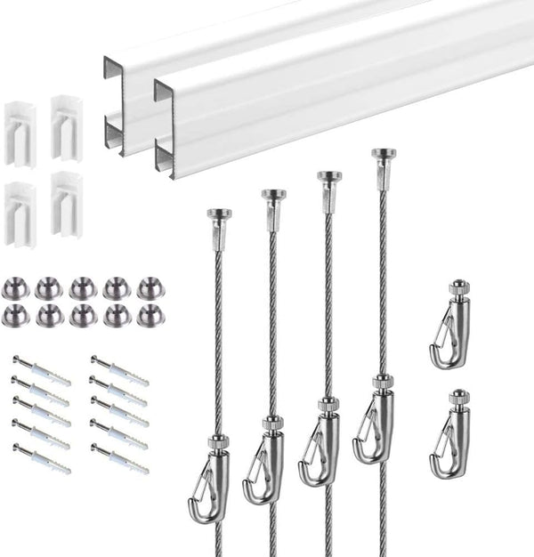 Picture Hanging System Click Rail Kits,in one Set Included Two of White Rails 59", Four of Steel Cables, six of Hooks, Four of end caps, and Installation Hardware