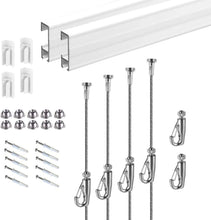Load image into Gallery viewer, Picture Hanging System Click Rail Kits,in one Set Included Two of White Rails 59&quot;, Four of Steel Cables, six of Hooks, Four of end caps, and Installation Hardware